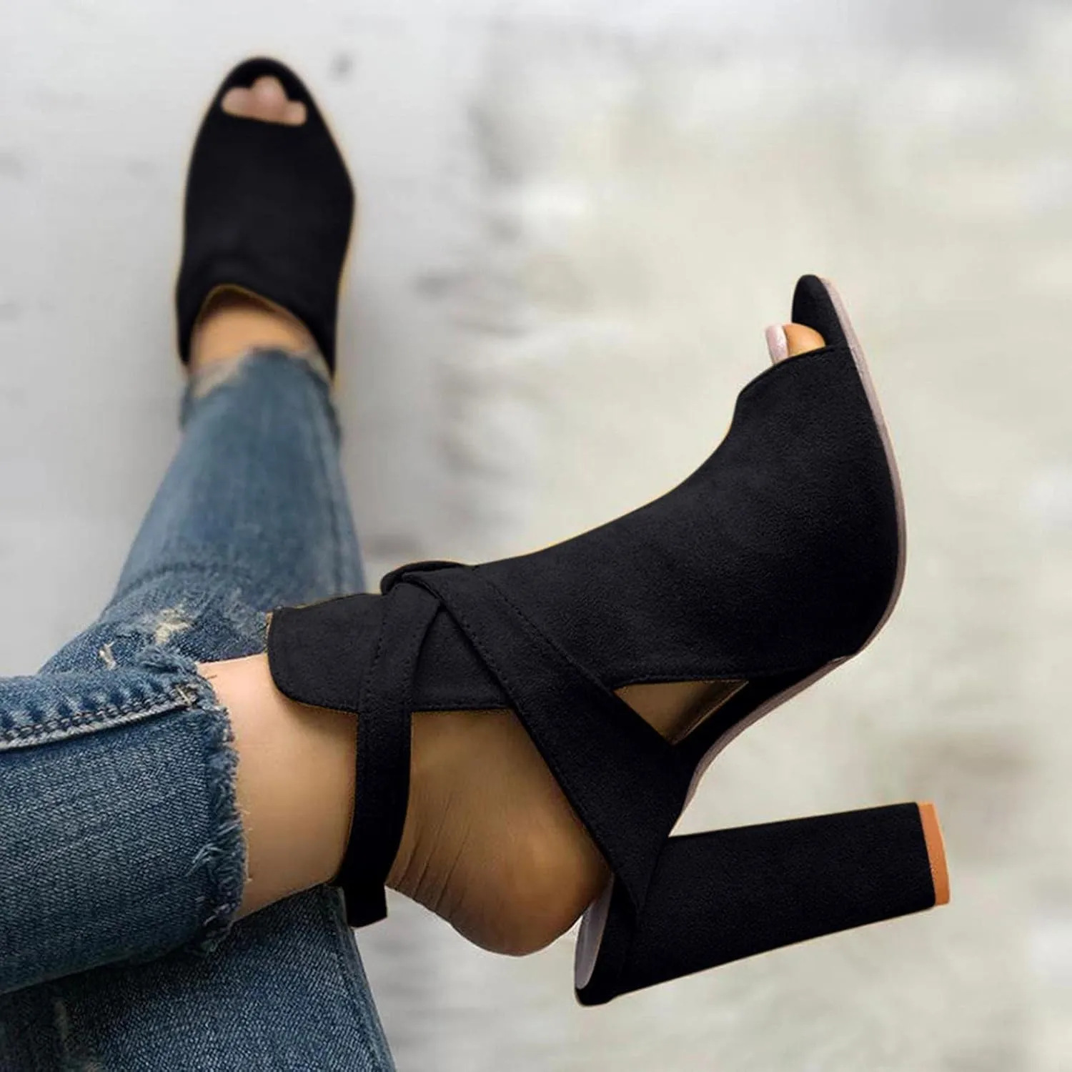 Hbeylia High Heels for Women Fashion Punk Open Toe Chunky Block Leather Suede High Heels Peep Toe Dressy Pump Thick Square Heel Sandals For Party Decoration