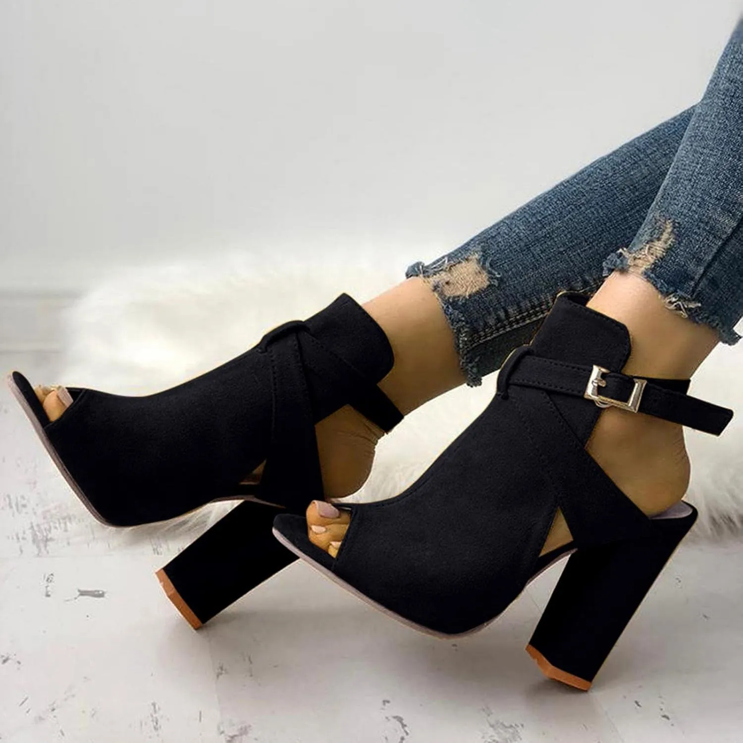 Hbeylia High Heels for Women Fashion Punk Open Toe Chunky Block Leather Suede High Heels Peep Toe Dressy Pump Thick Square Heel Sandals For Party Decoration