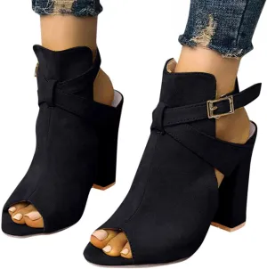 Hbeylia High Heels for Women Fashion Punk Open Toe Chunky Block Leather Suede High Heels Peep Toe Dressy Pump Thick Square Heel Sandals For Party Decoration