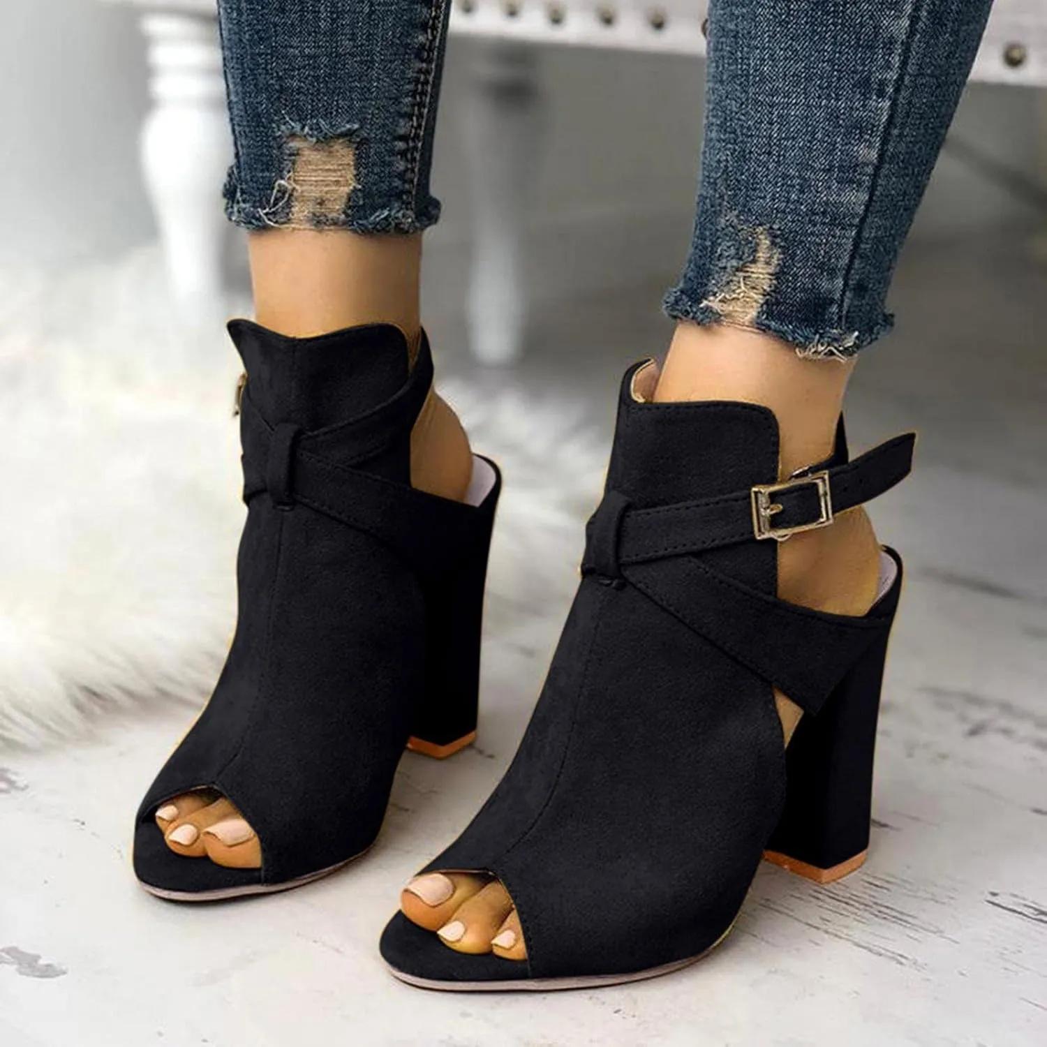 Hbeylia High Heels for Women Fashion Punk Open Toe Chunky Block Leather Suede High Heels Peep Toe Dressy Pump Thick Square Heel Sandals For Party Decoration