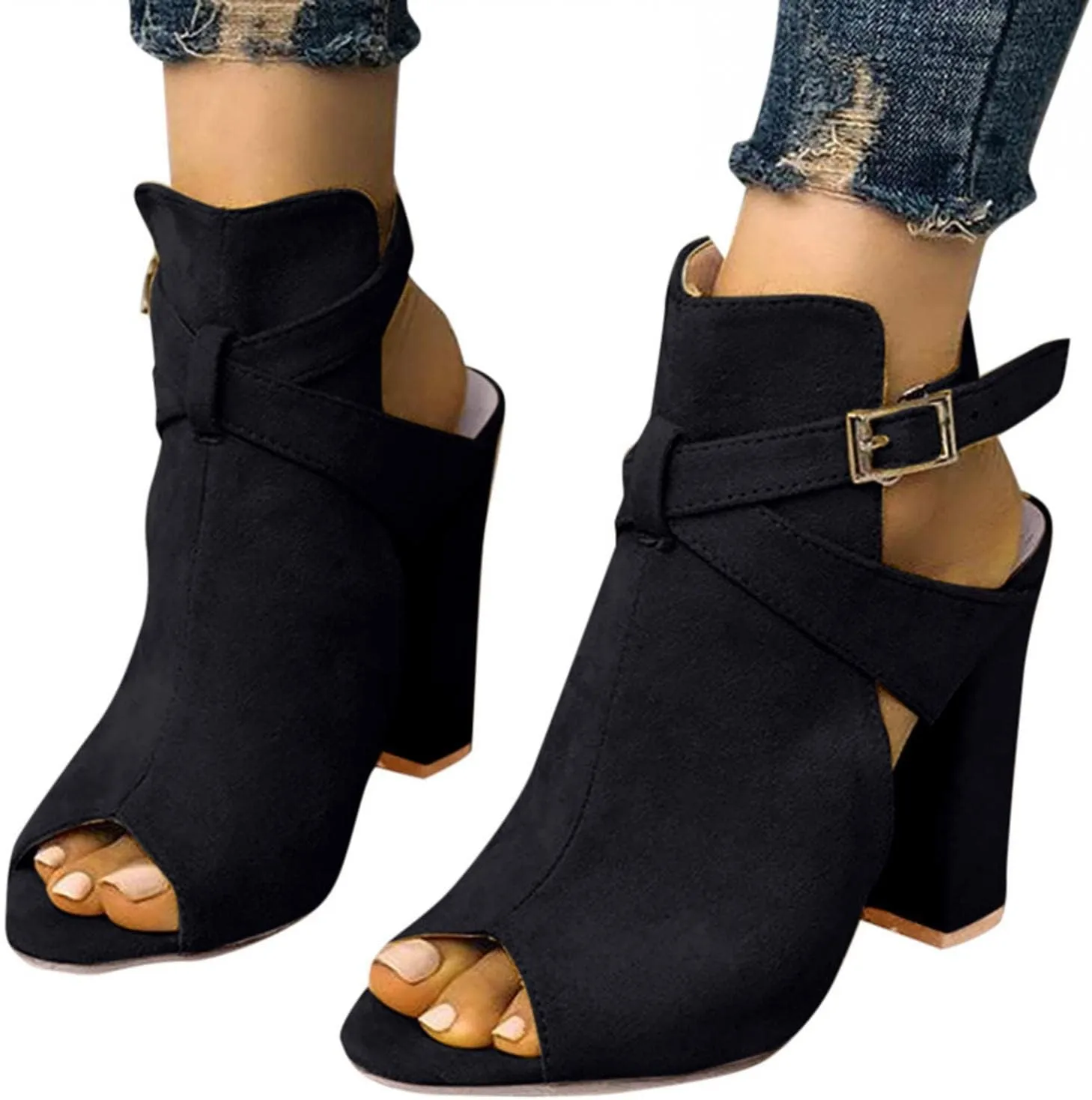 Hbeylia High Heels for Women Fashion Punk Open Toe Chunky Block Leather Suede High Heels Peep Toe Dressy Pump Thick Square Heel Sandals For Party Decoration