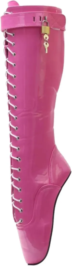 High Heels 18CM Heelless Ballet Knee Mid Calf Boots Upper Lock Patent Leather PU,Pink-38
