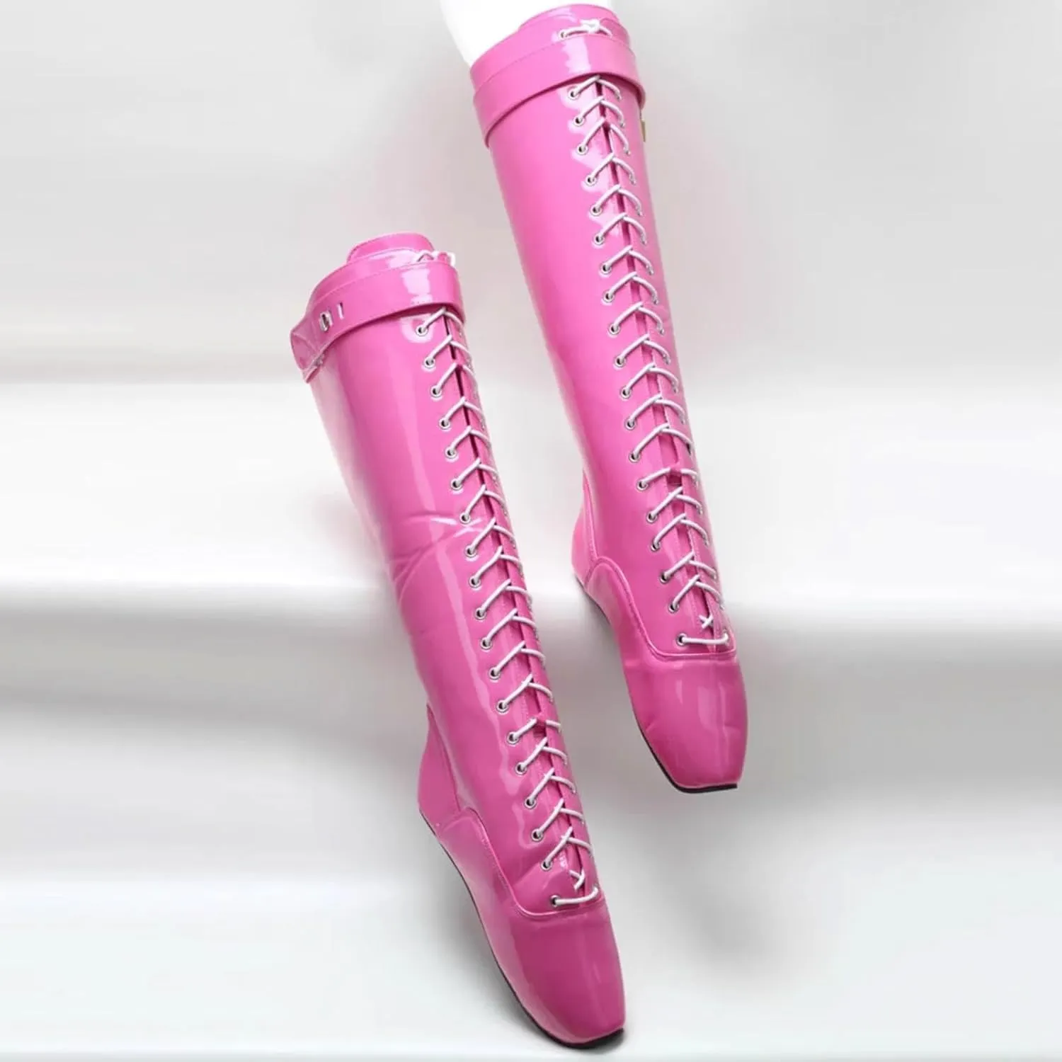 High Heels 18CM Heelless Ballet Knee Mid Calf Boots Upper Lock Patent Leather PU,Pink-38