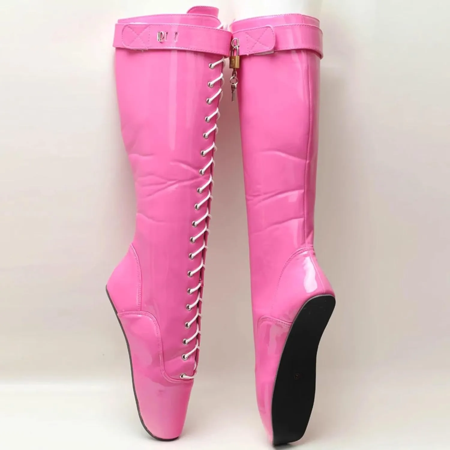 High Heels 18CM Heelless Ballet Knee Mid Calf Boots Upper Lock Patent Leather PU,Pink-38