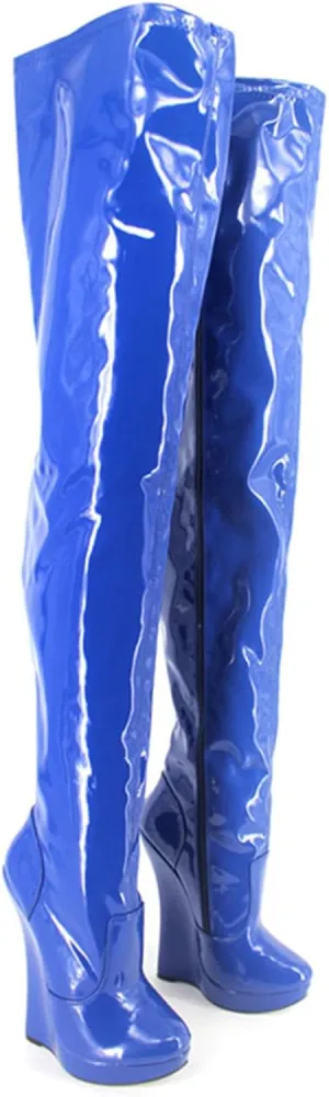 High Heels 18cm Knee High Boots Tight Hip Boots Slope Heel Patent Leather,Blue-38