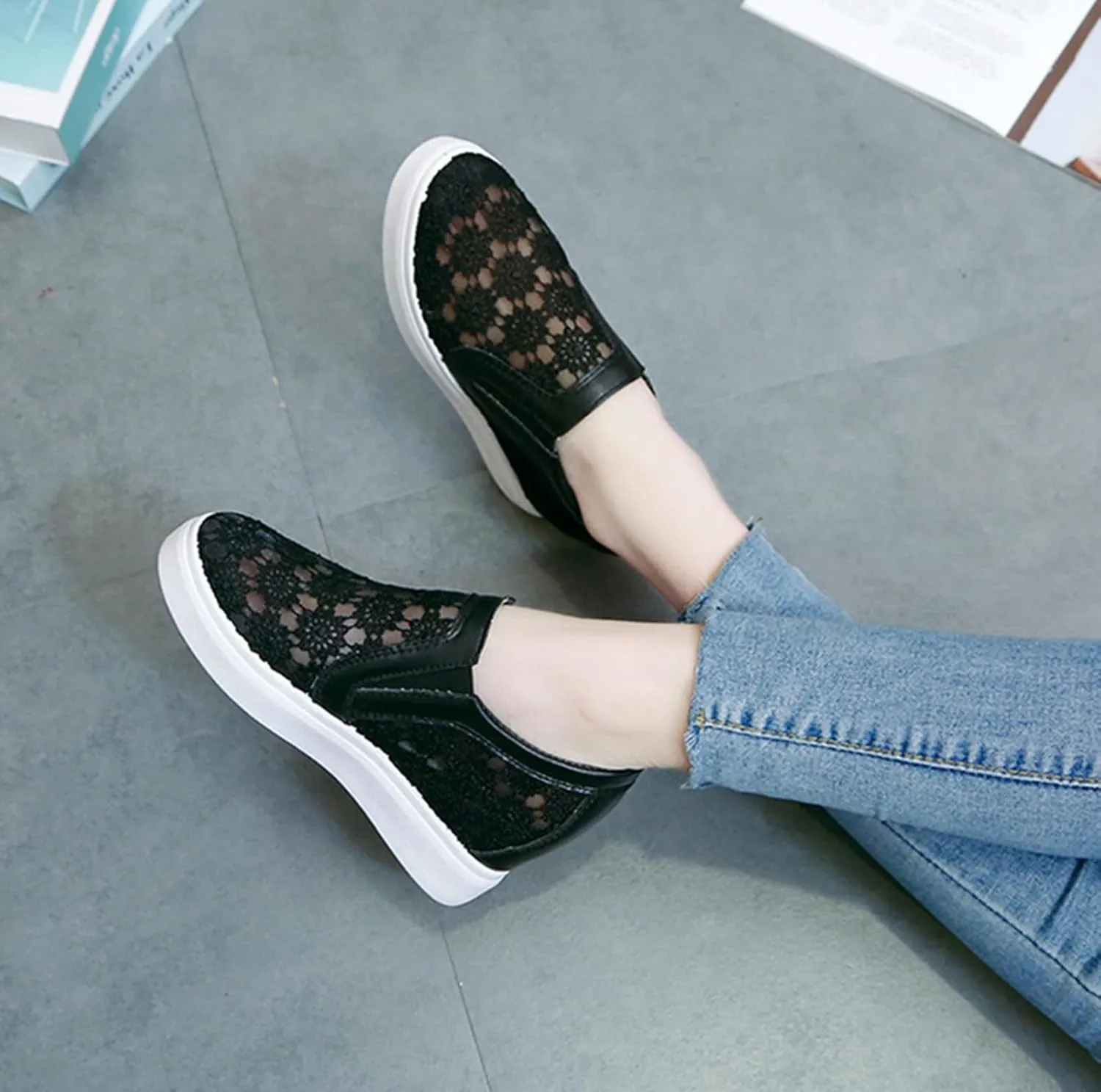 HINDOLA Women's Wedge Sneakers Platform High Heel Mesh Breathable Shoes Fashion Rhinestone Walking Shoes
