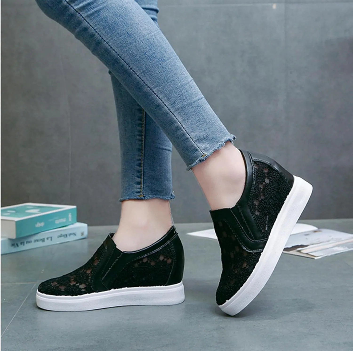 HINDOLA Women's Wedge Sneakers Platform High Heel Mesh Breathable Shoes Fashion Rhinestone Walking Shoes