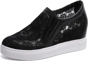 HINDOLA Women's Wedge Sneakers Platform High Heel Mesh Breathable Shoes Fashion Rhinestone Walking Shoes