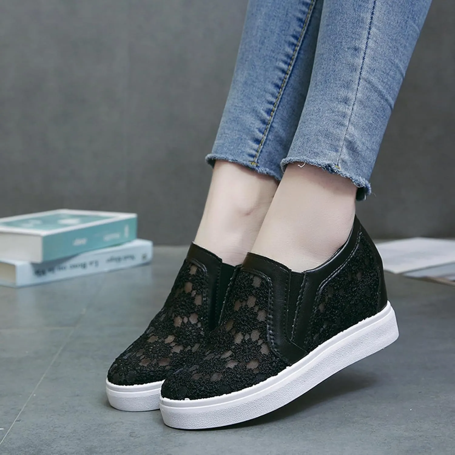 HINDOLA Women's Wedge Sneakers Platform High Heel Mesh Breathable Shoes Fashion Rhinestone Walking Shoes