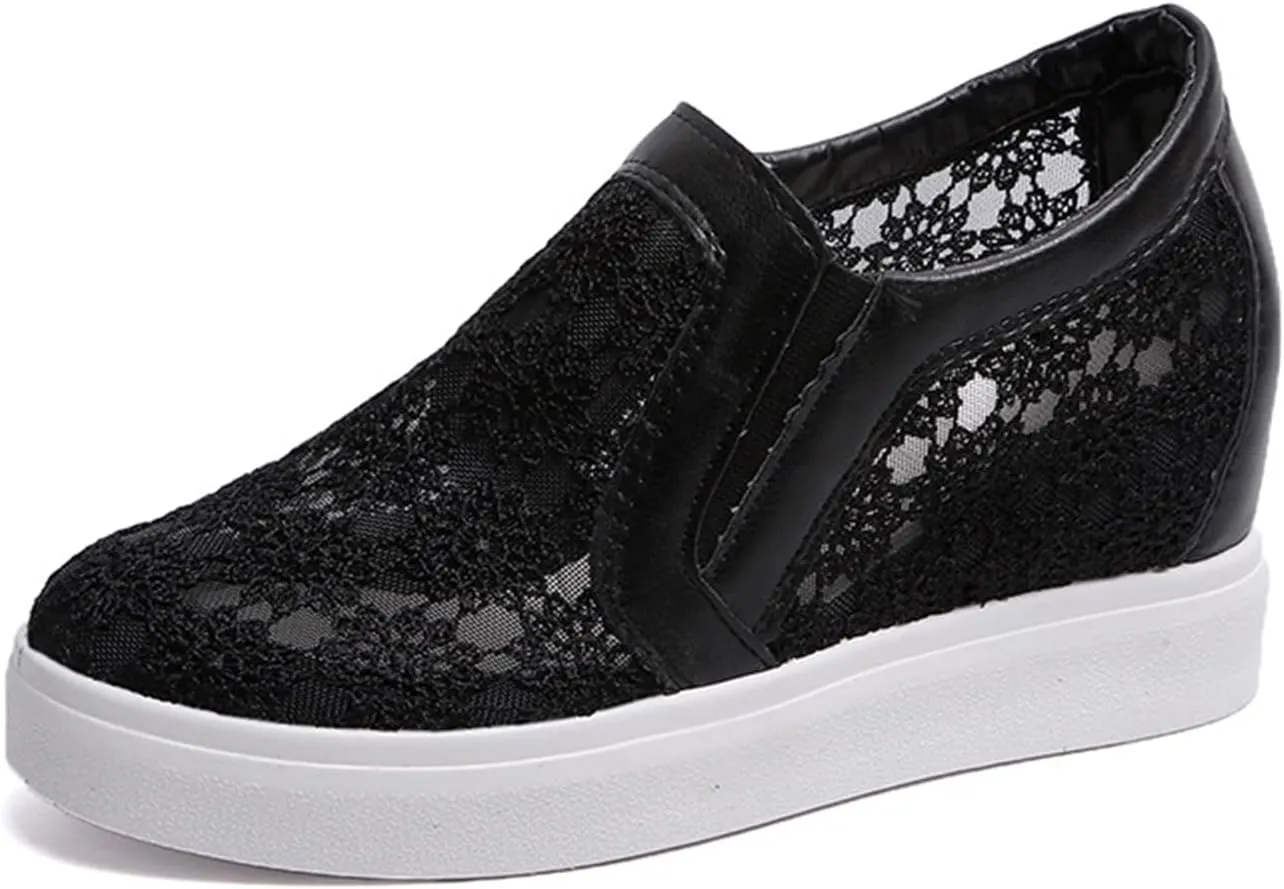 HINDOLA Women's Wedge Sneakers Platform High Heel Mesh Breathable Shoes Fashion Rhinestone Walking Shoes