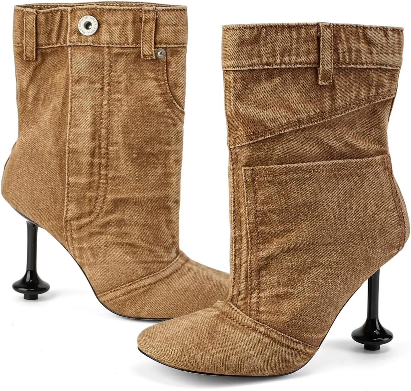 Jeans Boots for Women High Heels Square Toe Ankle Short Denim Booties Retro Cowboy Cowgirl with Zipper Fashion Casual Shoes