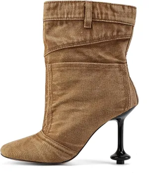 Jeans Boots for Women High Heels Square Toe Ankle Short Denim Booties Retro Cowboy Cowgirl with Zipper Fashion Casual Shoes