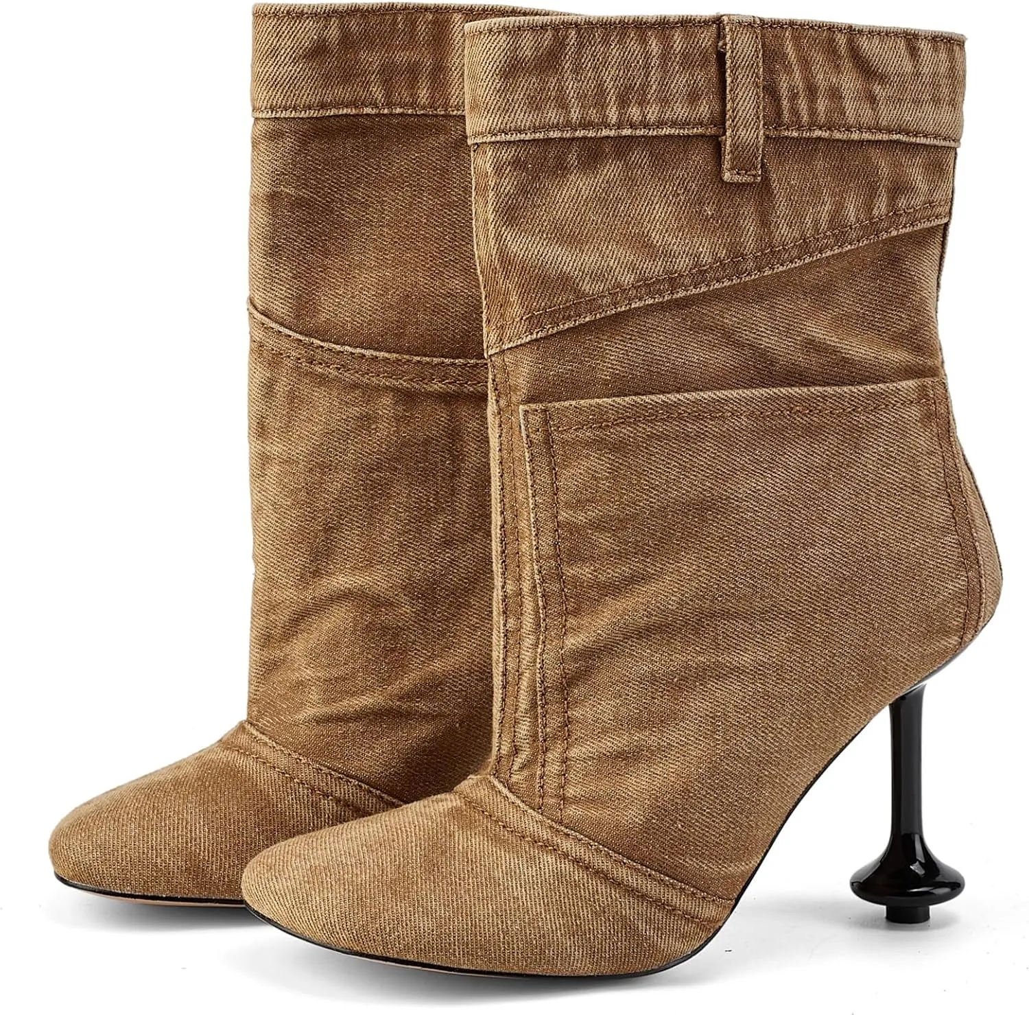 Jeans Boots for Women High Heels Square Toe Ankle Short Denim Booties Retro Cowboy Cowgirl with Zipper Fashion Casual Shoes