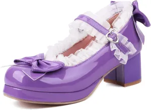 Kawaii Mid Block Heel Mary Janes Platform Rockabilly Shoes Patent Chunky Heels Pumps Sweet Cute with Bow