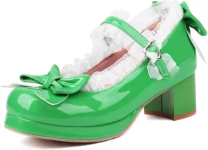 Kawaii Mid Block Heel Mary Janes Platform Rockabilly Shoes Patent Chunky Heels Pumps Sweet Cute with Bow