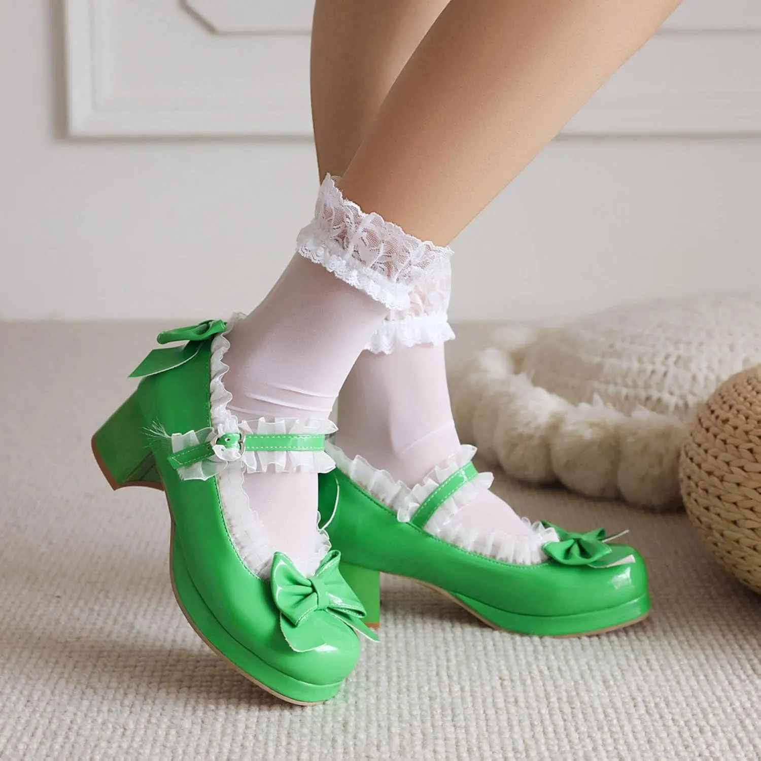 Kawaii Mid Block Heel Mary Janes Platform Rockabilly Shoes Patent Chunky Heels Pumps Sweet Cute with Bow