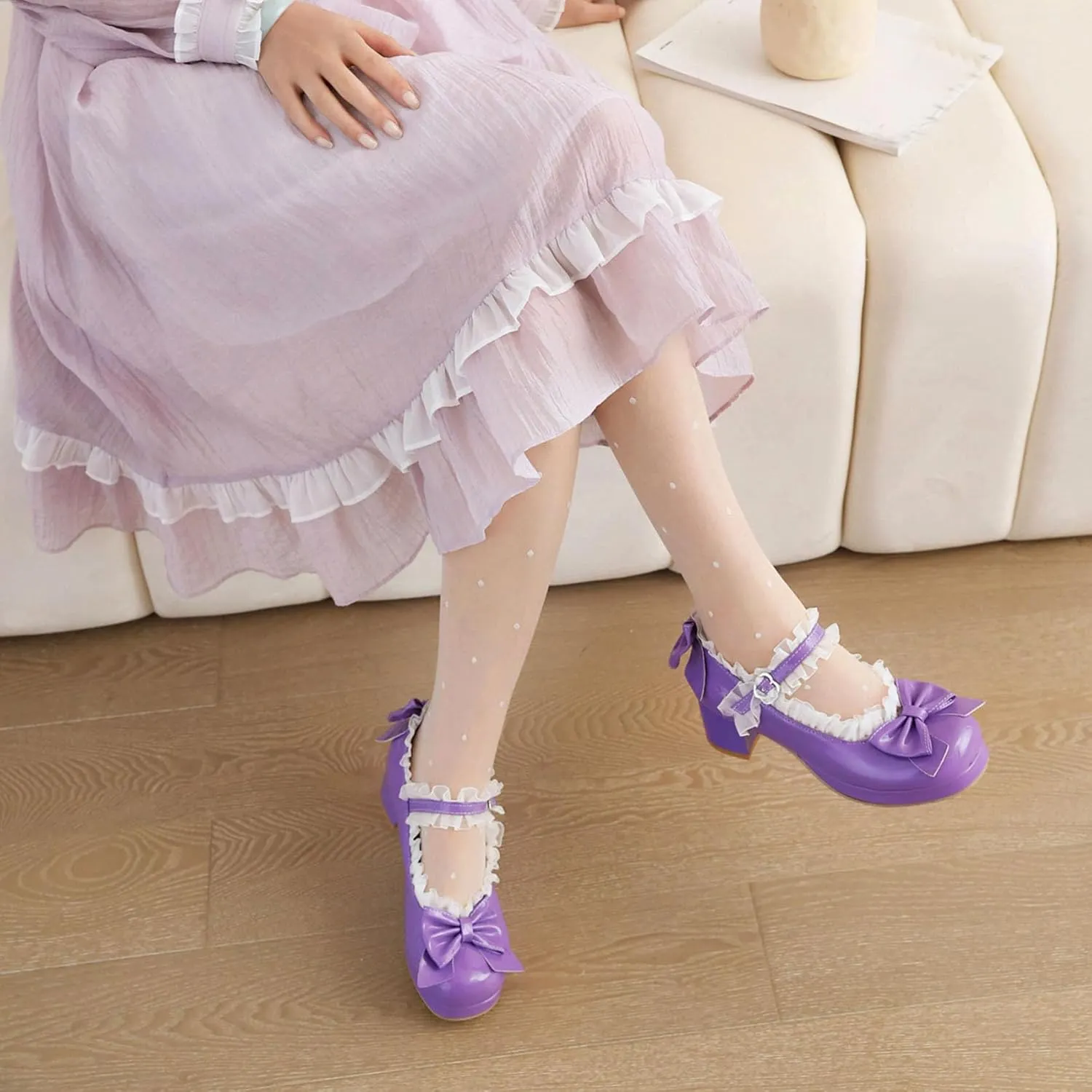 Kawaii Mid Block Heel Mary Janes Platform Rockabilly Shoes Patent Chunky Heels Pumps Sweet Cute with Bow