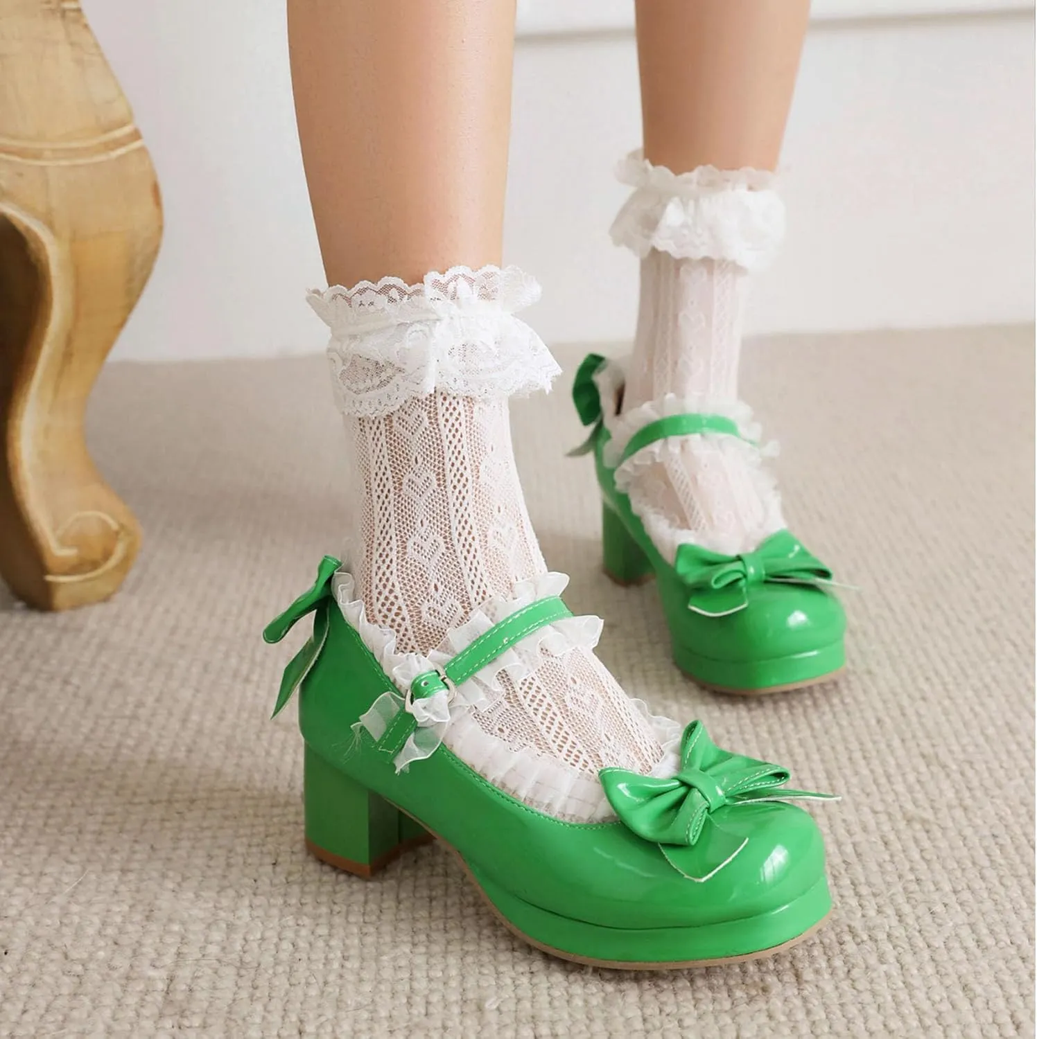 Kawaii Mid Block Heel Mary Janes Platform Rockabilly Shoes Patent Chunky Heels Pumps Sweet Cute with Bow