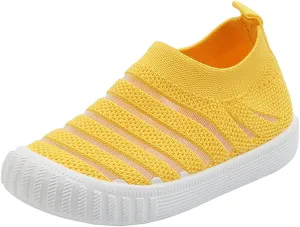 Little Girls Sneakers Autumn Flying Woven Mesh Breathable Comfortable Flat Casual Shoes Cute (Yellow, 13.5 Little Child)