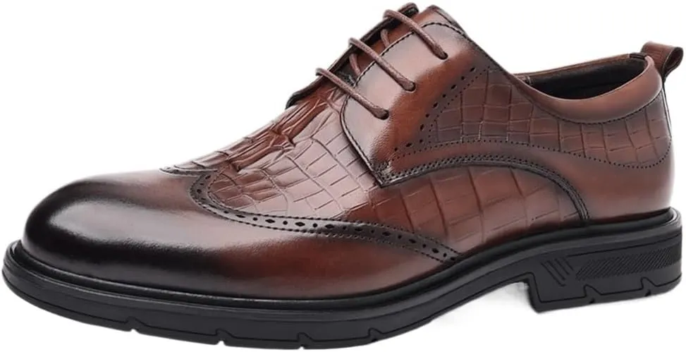 Luxury Round Toe Lace Up Brogue Dress Shoes Men's Comfort Platform Height Increase Oxford Classic Business Wedding Leather Shoes