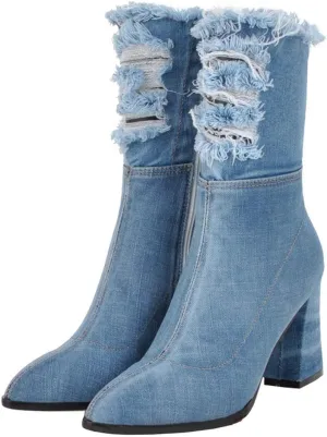 MAVMAX Denim Ankle Boots for Women Pointed Toe Chunky High Heel Jeans Denim Blue Short Mid Calf Booties with Side Zipper