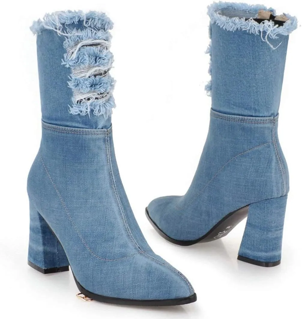 MAVMAX Denim Ankle Boots for Women Pointed Toe Chunky High Heel Jeans Denim Blue Short Mid Calf Booties with Side Zipper