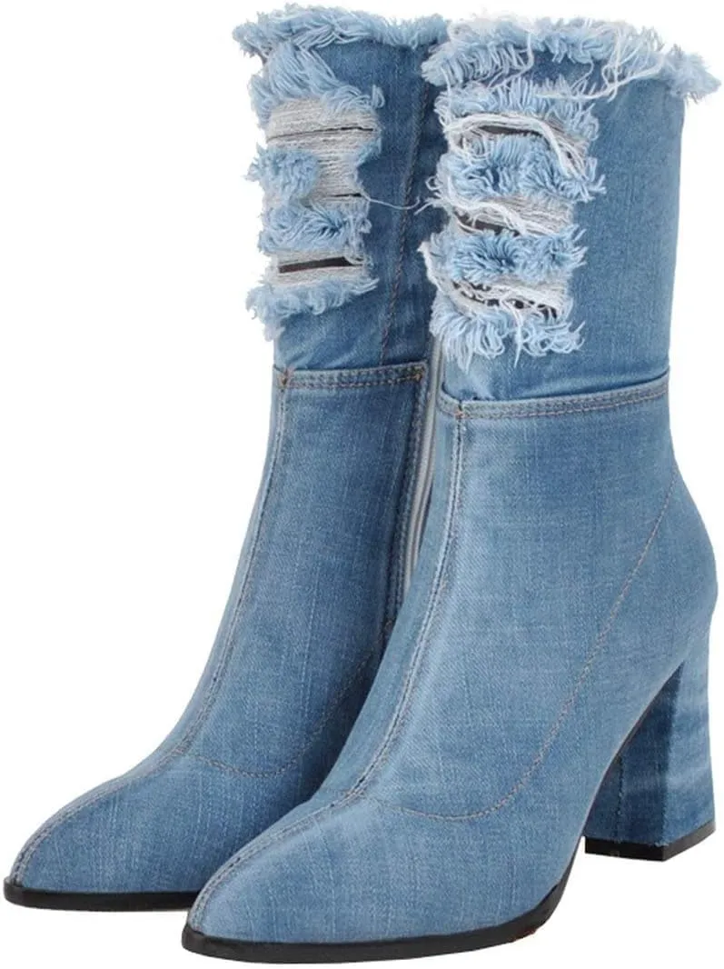 MAVMAX Denim Ankle Boots for Women Pointed Toe Chunky High Heel Jeans Denim Blue Short Mid Calf Booties with Side Zipper