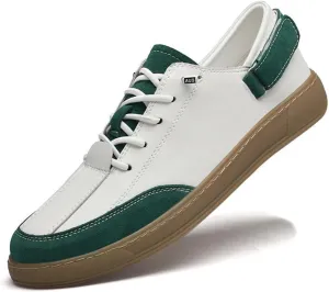 Men's Leather Elastic Lacing Low Top Dress Sneakers Fashionable Color Blocking Flat Hook Loop Casual Walking Skateboard Shoes for Driving Office Work