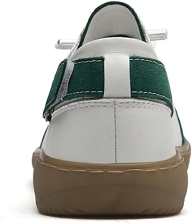 Men's Leather Elastic Lacing Low Top Dress Sneakers Fashionable Color Blocking Flat Hook Loop Casual Walking Skateboard Shoes for Driving Office Work