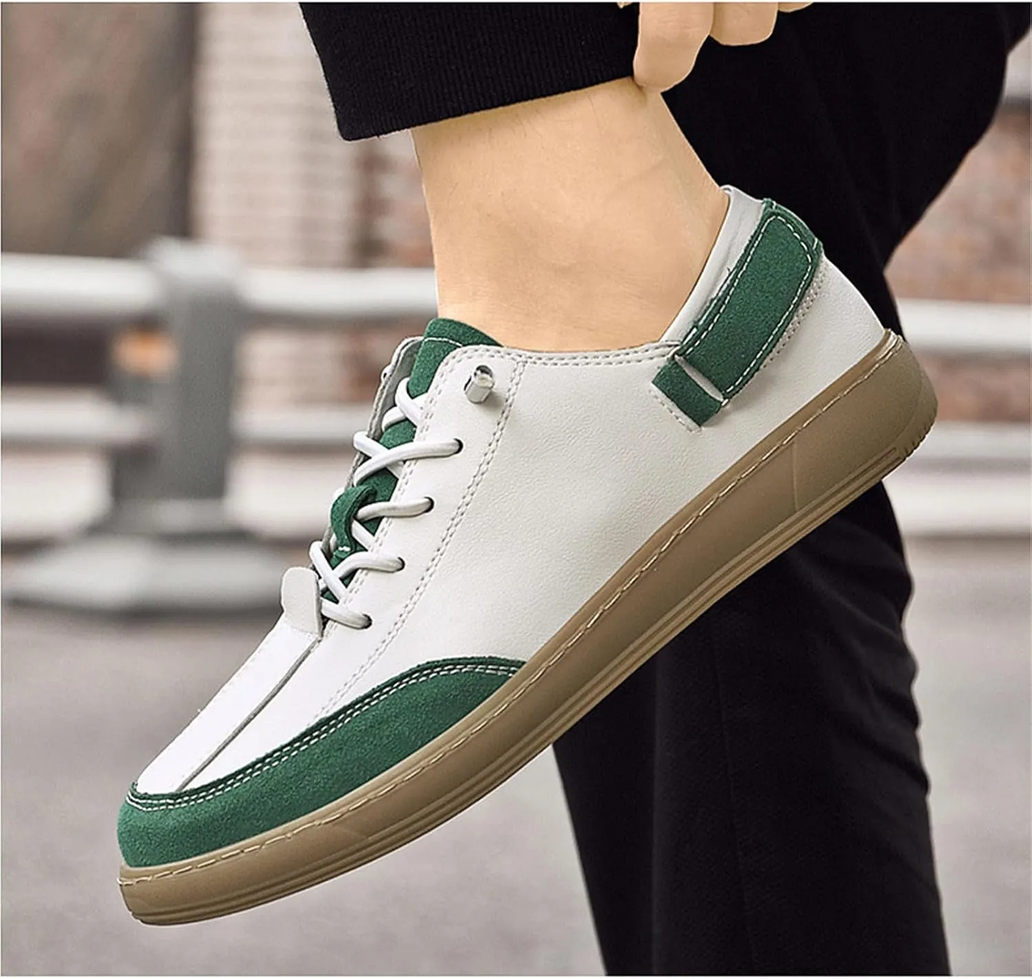 Men's Leather Elastic Lacing Low Top Dress Sneakers Fashionable Color Blocking Flat Hook Loop Casual Walking Skateboard Shoes for Driving Office Work