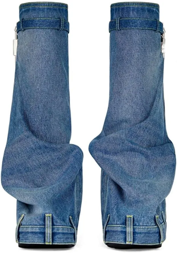 MissHeel Padlock Fold Over Platform Denim Knee High Boots