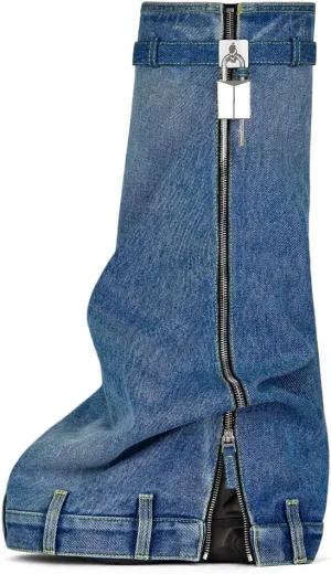 MissHeel Padlock Fold Over Platform Denim Knee High Boots