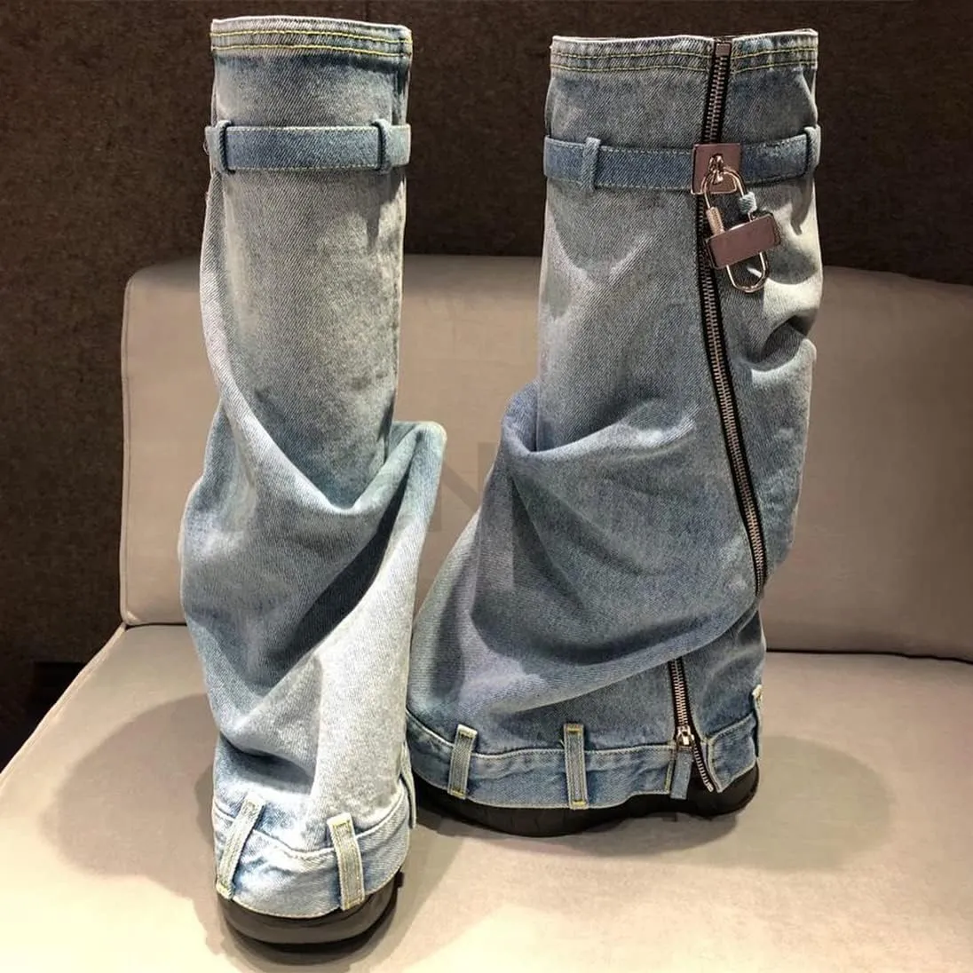 MissHeel Padlock Fold Over Platform Denim Knee High Boots