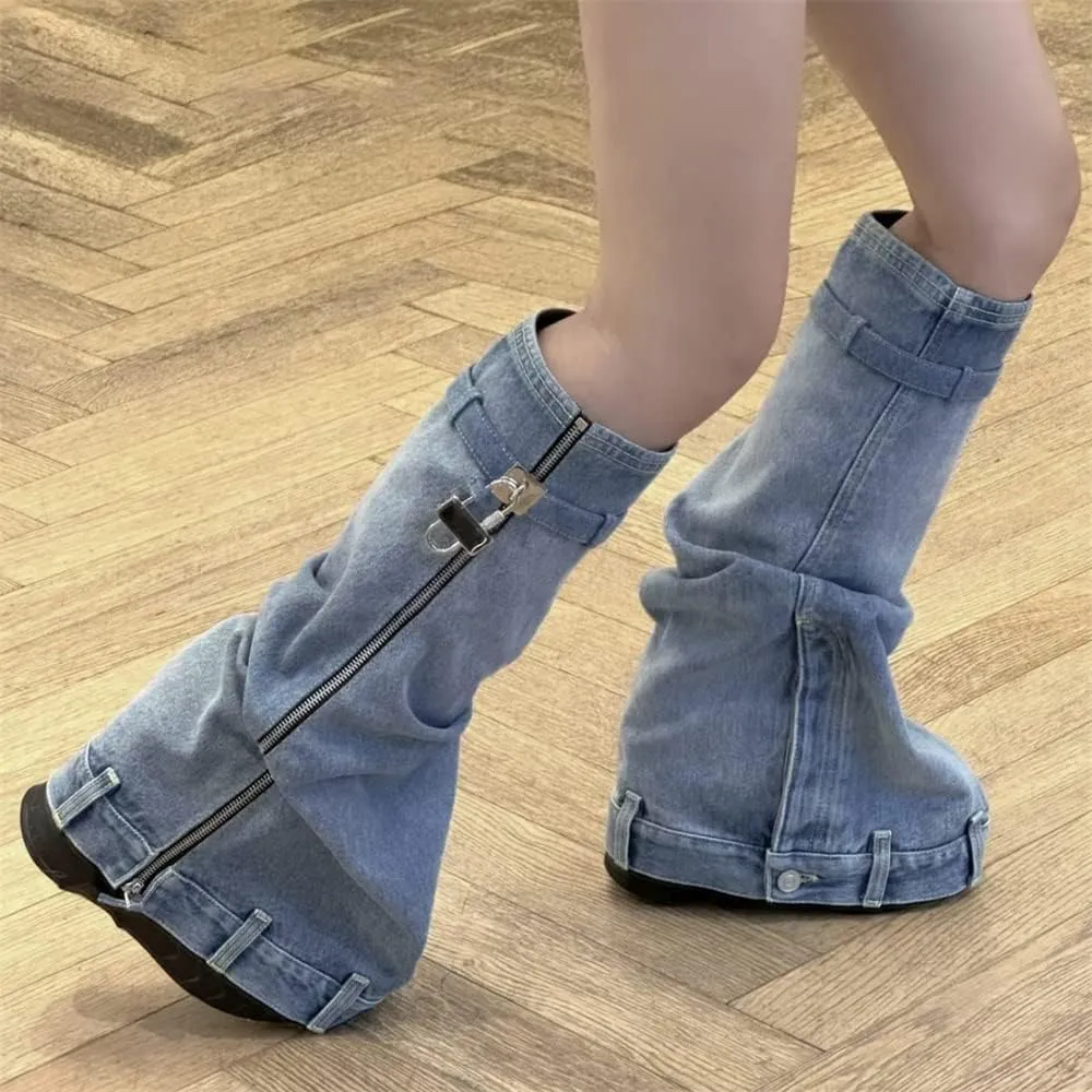 MissHeel Padlock Fold Over Platform Denim Knee High Boots