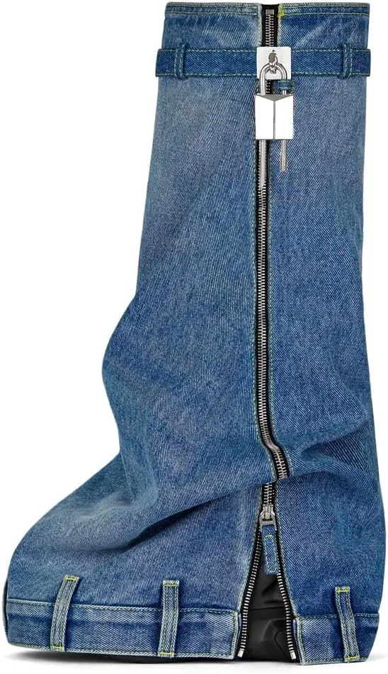 MissHeel Padlock Fold Over Platform Denim Knee High Boots
