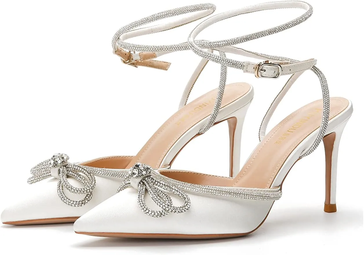 MissHeel Rhinestone Bowknot High Heels 3 inch Pumps with Ankle Strap