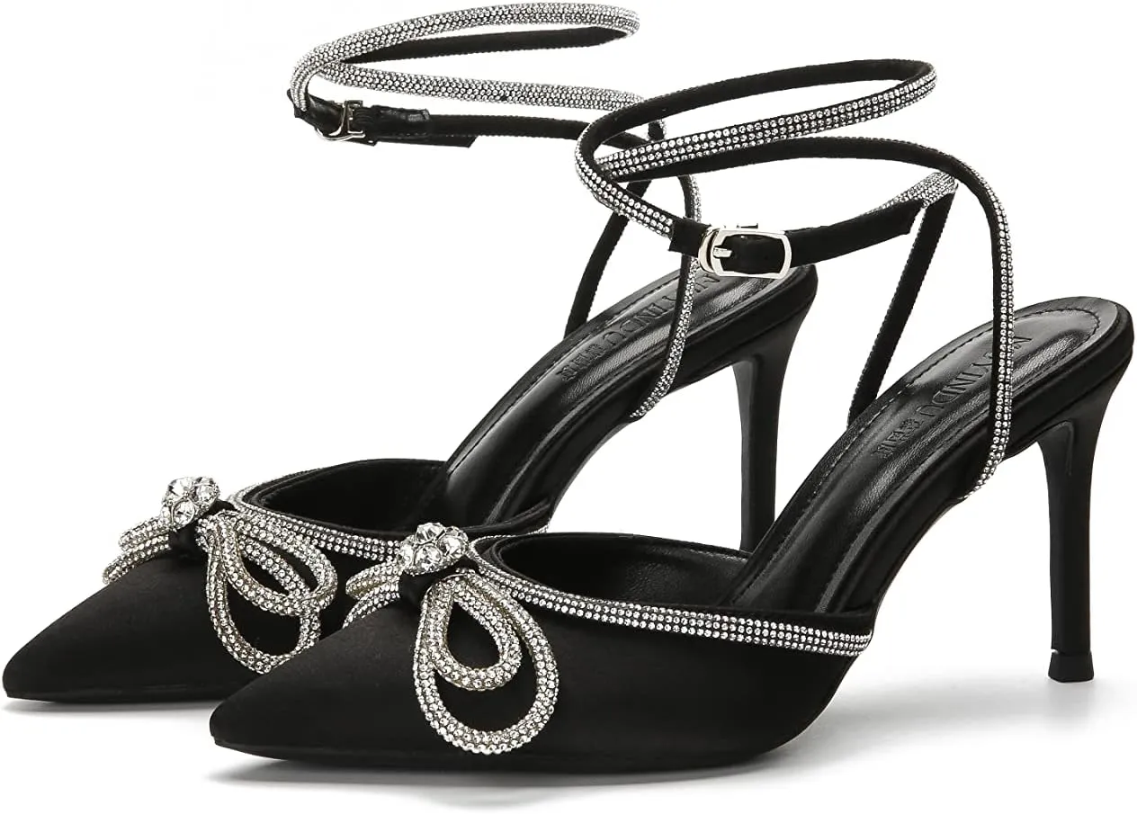 MissHeel Rhinestone Bowknot High Heels 3 inch Pumps with Ankle Strap