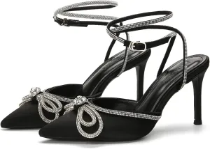 MissHeel Rhinestone Bowknot High Heels 3 inch Pumps with Ankle Strap
