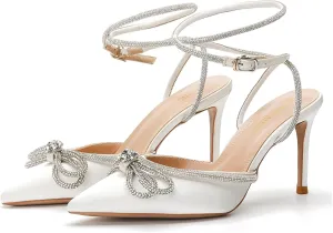 MissHeel Rhinestone Bowknot High Heels 3 inch Pumps with Ankle Strap