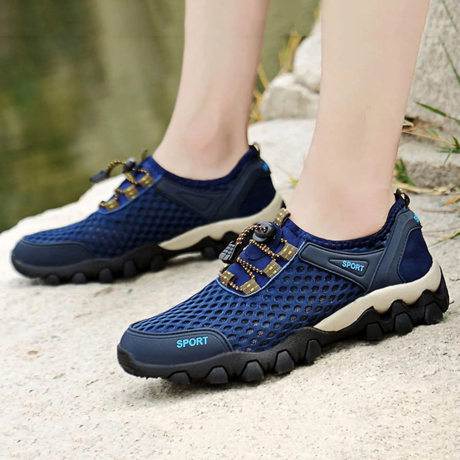 Non Slip Work Sport Shoes for Men Breathable Elastic Fly Woven Mesh Sneaker Memory Foam Versatile Shoes for Men