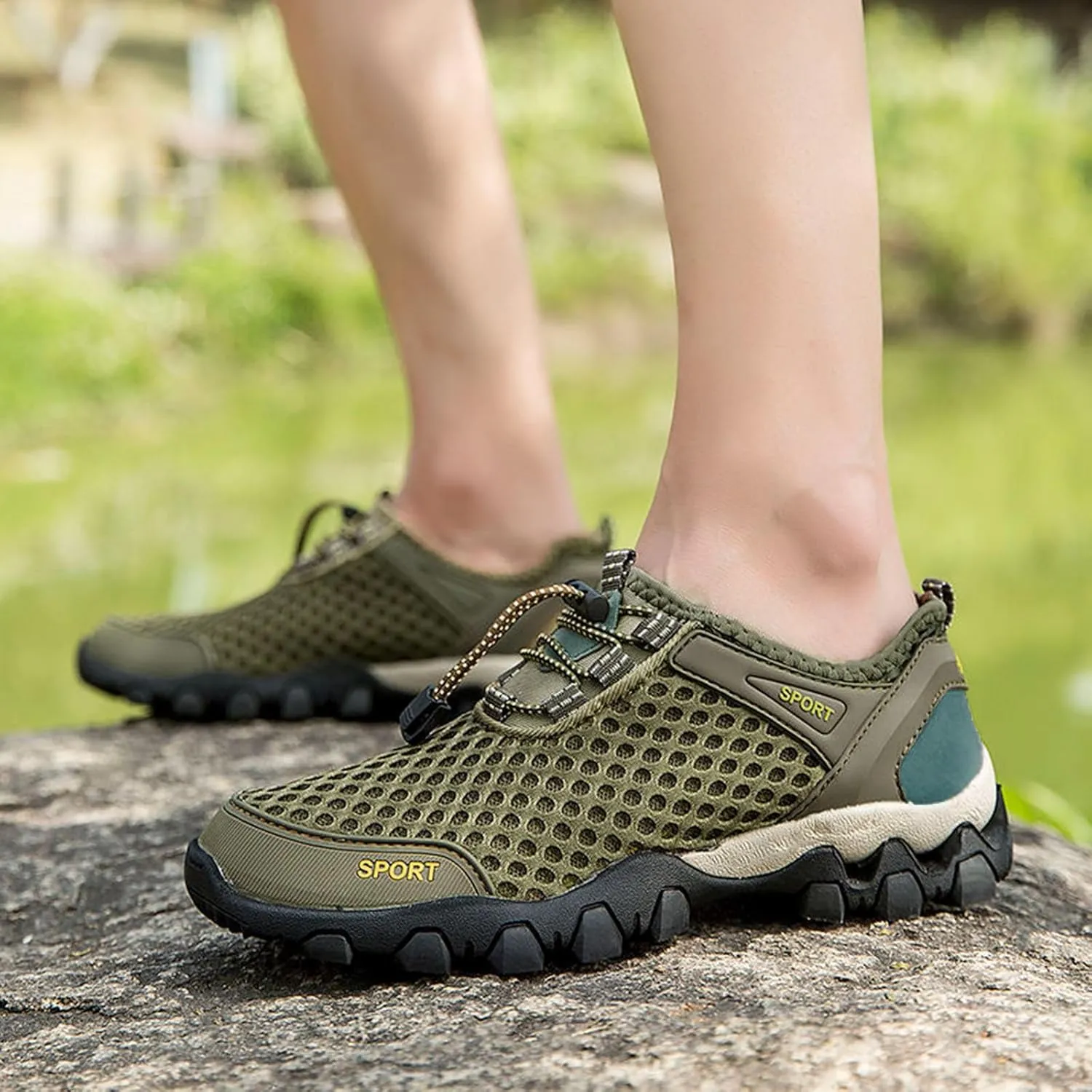 Non Slip Work Sport Shoes for Men Breathable Elastic Fly Woven Mesh Sneaker Memory Foam Versatile Shoes for Men