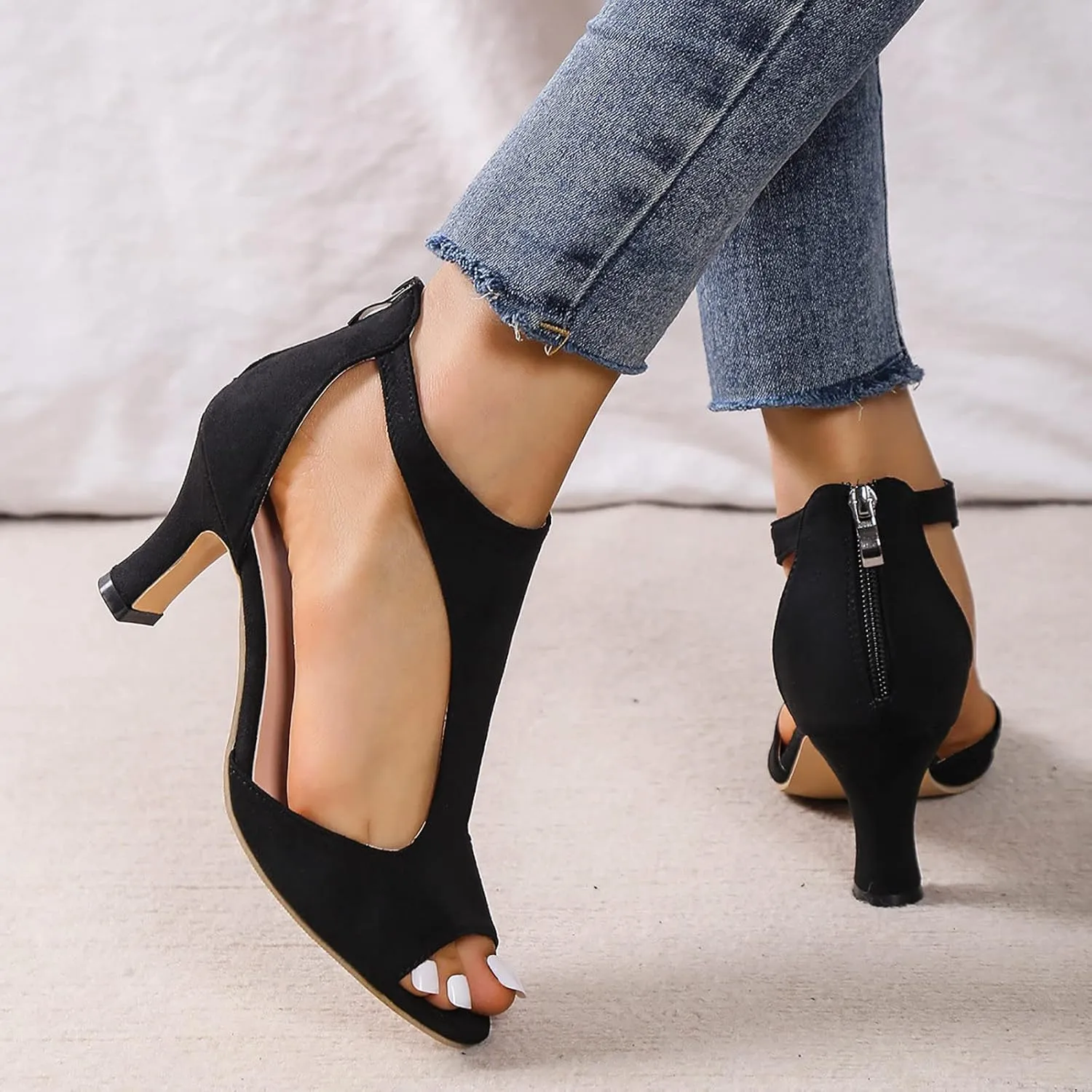 Orthopedic Sandals for Women 2025 High Heels Dressy Summer Open Toe Back Zipper Closure Casual Suede Leather Fish Mouth Sandal Dress Orthotic Beach Boho Outdoor Shoes for Wedding Party Daily Wear