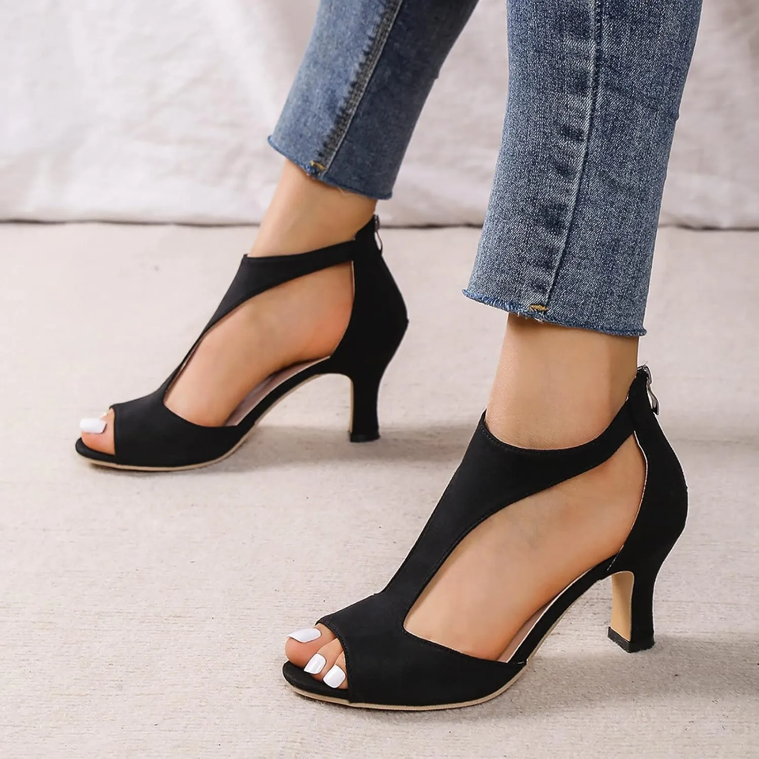 Orthopedic Sandals for Women 2025 High Heels Dressy Summer Open Toe Back Zipper Closure Casual Suede Leather Fish Mouth Sandal Dress Orthotic Beach Boho Outdoor Shoes for Wedding Party Daily Wear