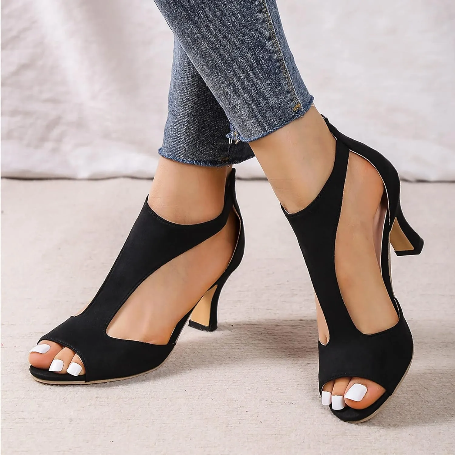 Orthopedic Sandals for Women 2025 High Heels Dressy Summer Open Toe Back Zipper Closure Casual Suede Leather Fish Mouth Sandal Dress Orthotic Beach Boho Outdoor Shoes for Wedding Party Daily Wear