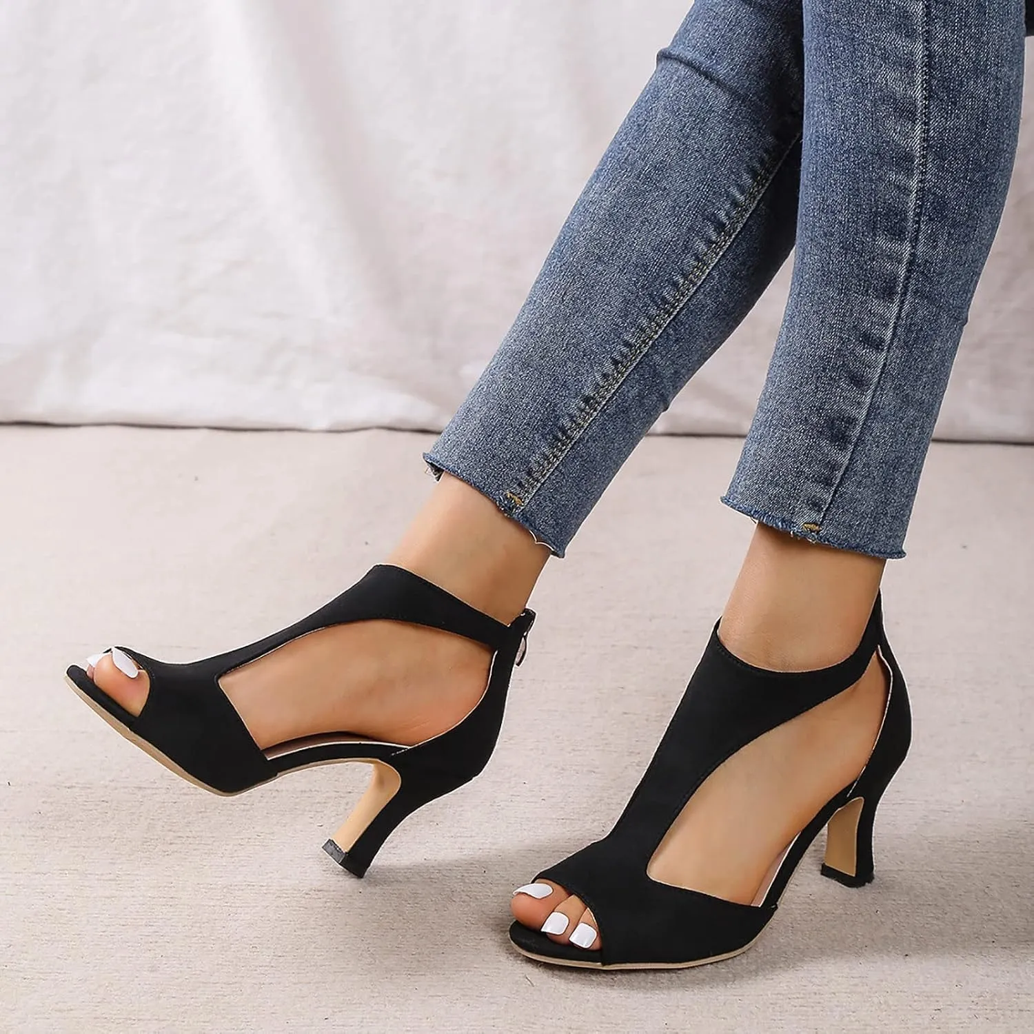 Orthopedic Sandals for Women 2025 High Heels Dressy Summer Open Toe Back Zipper Closure Casual Suede Leather Fish Mouth Sandal Dress Orthotic Beach Boho Outdoor Shoes for Wedding Party Daily Wear