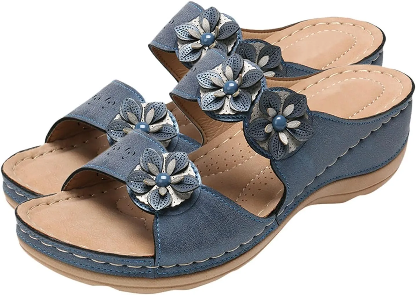 Orthopedic Sandals for Women Slip On Slide Slippers Flower Leather Arch Support Shoes Beach Outdoor Walking Sandals