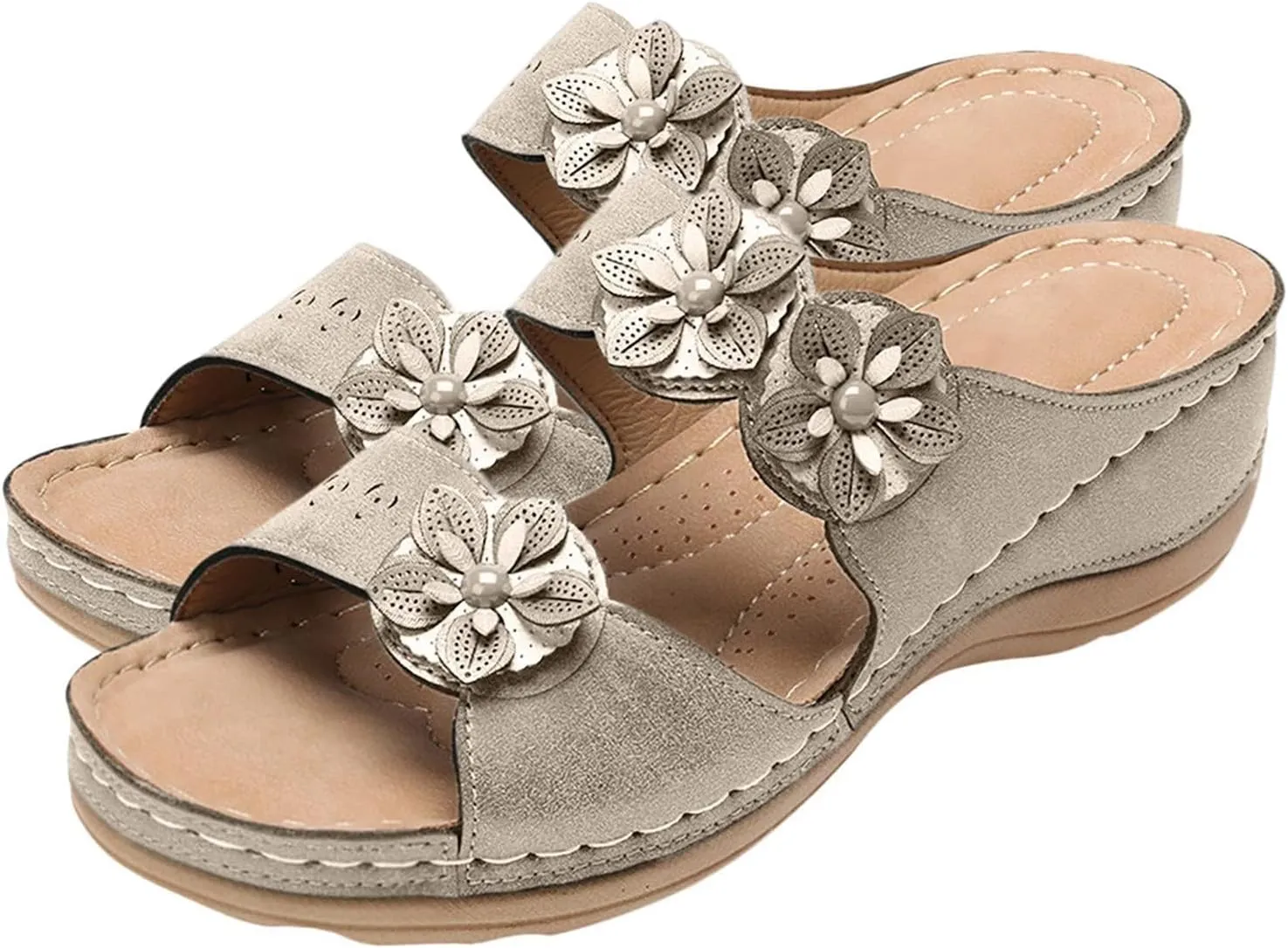 Orthopedic Sandals for Women Slip On Slide Slippers Flower Leather Arch Support Shoes Beach Outdoor Walking Sandals