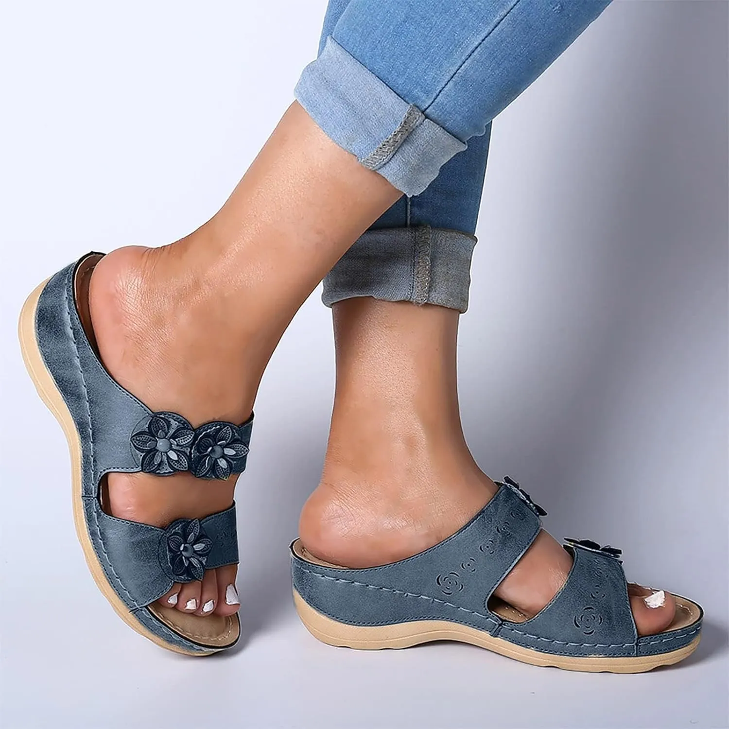 Orthopedic Sandals for Women Slip On Slide Slippers Flower Leather Arch Support Shoes Beach Outdoor Walking Sandals