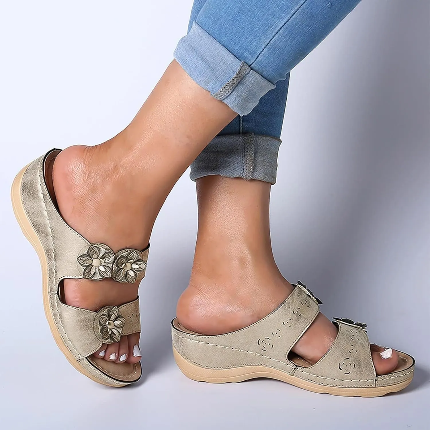 Orthopedic Sandals for Women Slip On Slide Slippers Flower Leather Arch Support Shoes Beach Outdoor Walking Sandals