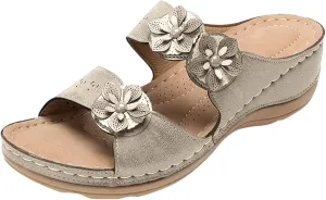 Orthopedic Sandals for Women Slip On Slide Slippers Flower Leather Arch Support Shoes Beach Outdoor Walking Sandals